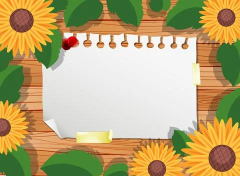 Top view of blank paper on table with leaves and sunflower elements 스톡 일러스트