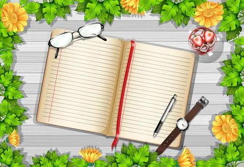 Top view of blank paper on table with leaves and sunflower elements 스톡 일러스트