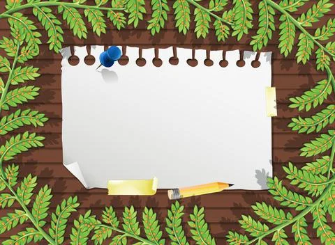Top view of blank paper on table with leaves elements Stock Illustration
