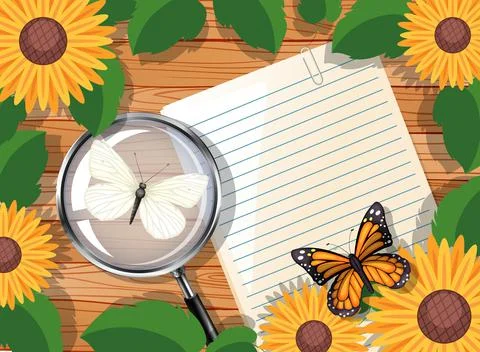 Top view of blank paper on table with leaves and sunflower elements Stock Illustration
