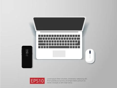 Top view of blank screen laptop and mouse vector illustration Stock Illustration