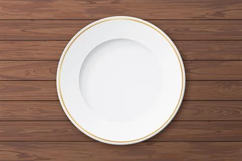 Top view of blank white circle plate with golden porder place on wooden tab.. Stock Illustration