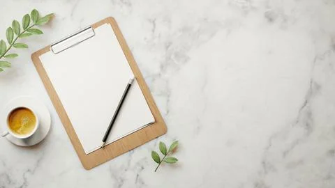 Top view of blank white papers and a pencil on wooden clipboard aside coffe.. Stock Illustration