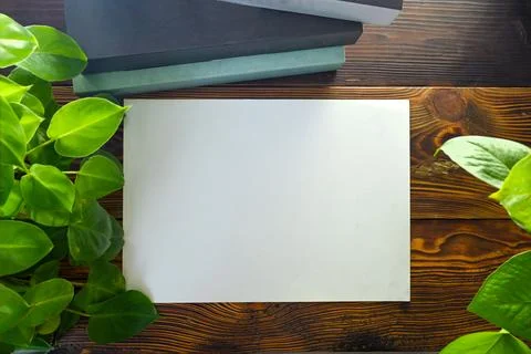 Top view of a blank white sheet of paper on a rustic wooden table surrounde.. Stock Photos