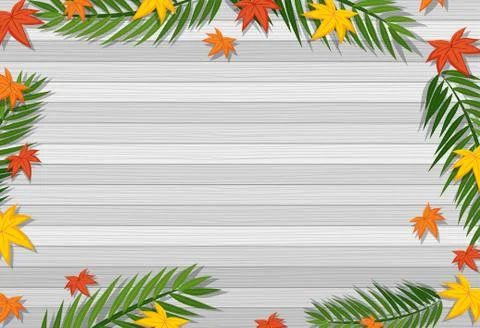 Top view of blank wooden table with leaves in different season elements Stock Illustration