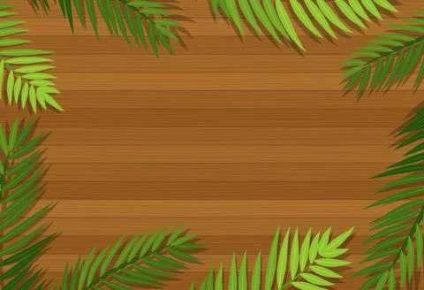 Top view of blank wooden table with leaves elements Stock Illustration