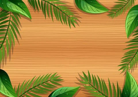 Top view of blank wooden table with leaves elements Stock Illustration