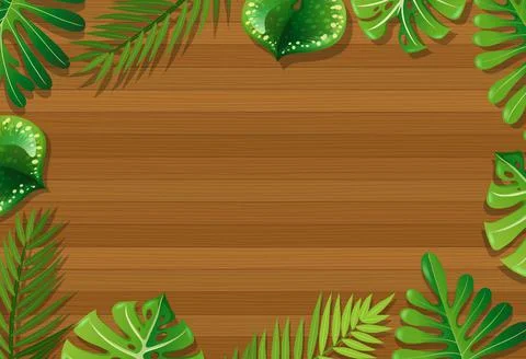 Top view of blank wooden table with leaves elements Stock Illustration
