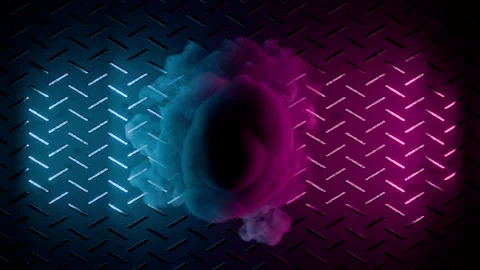 Top view of blue and pink smoke. 3d animation of pink and blue smoke flowing Stockbeeldmateriaal 329649503