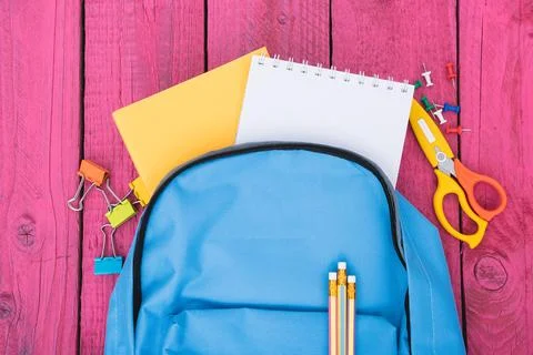 Top view Blue bag backpack for education children Stock-Fotos