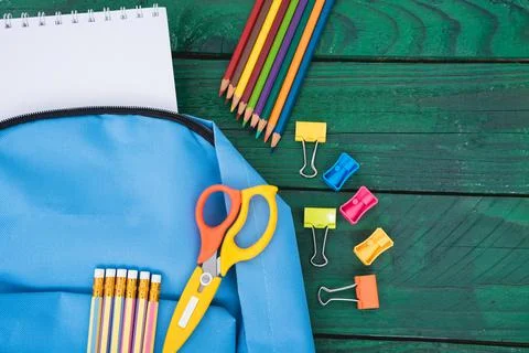 Top view Blue bag backpack for education children Stock Photos