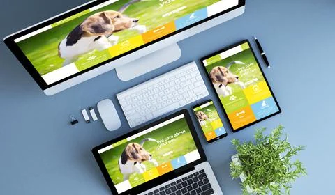Top view blue devices pet website Illustrazione stock