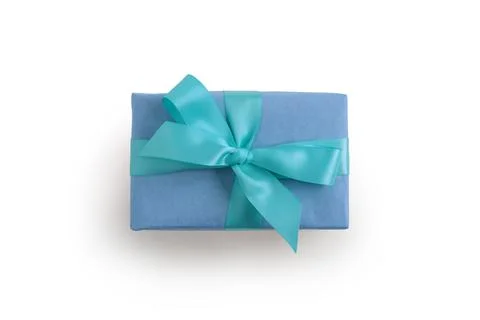 Top view of blue rectangular present box with ribbon isolated on white Foto stock