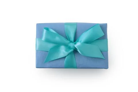 Top view of blue rectangular present box with ribbon isolated on white Stock Photos