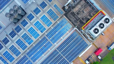 Top view of a blue solar power station on factory rooftop Stock Footage 210790866