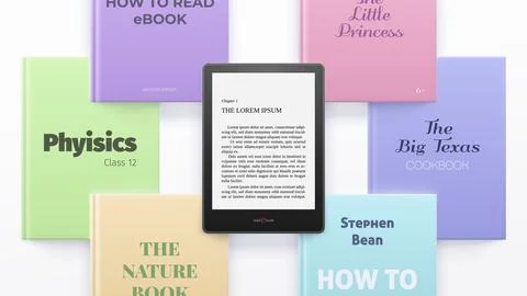 Top view books lie on a light background, e-book at the top. Stock Illustration