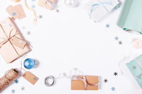 Top view of a box with a gift and Christmas decorations Stock Photos