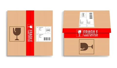 Top view box mockup template with red adhesive tape marked fragile Stock Illustration