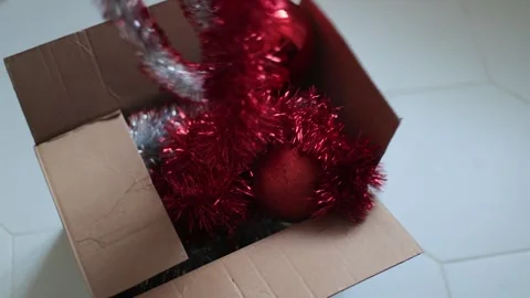 Top view of the box in which New Year's decorations are placed. Huge Christmas Stock-Footage 262422020