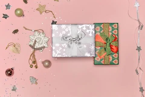 Top view of the boxes decorated with paper. The concept of a Christmas gift. Stock Photos