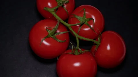 Top view of a branch of tomatoes rotating on a black background Vídeo Stock 170552829