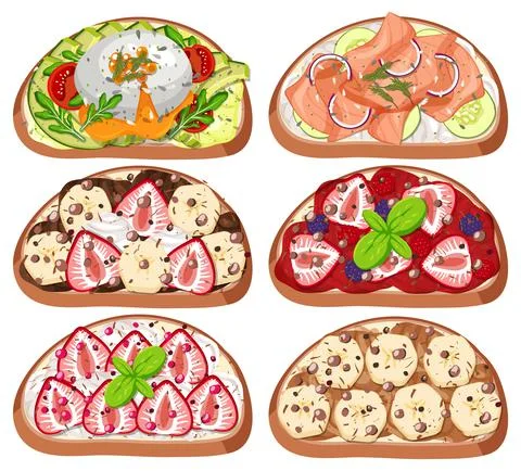 Top view of bread breakfast with topping isolated Stock Illustration