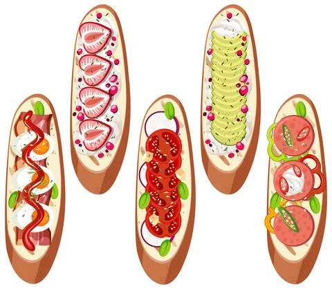 Top view of bread breakfast with topping isolated Stock Illustration