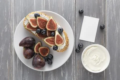 Top view bread with cream cheese figs Stock Photos