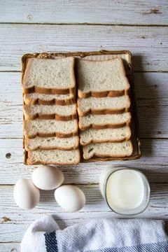 Top view of bread slices, egg and a glass of milk Stock Photos