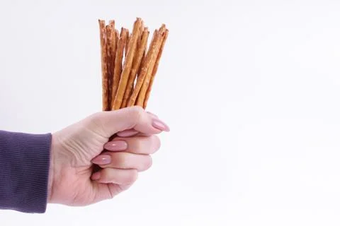 Top view of bread sticks in a hand Stockfoto's