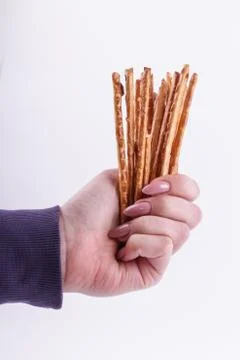 Top view of bread sticks in a hand Stock Photos