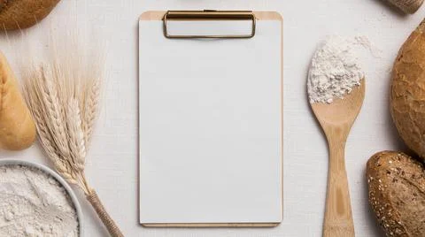 Top view breads mix with blank clipboard flour. High quality and resolution Stock Photos
