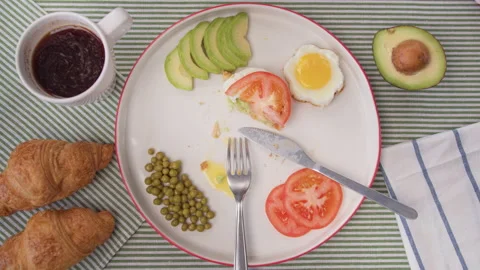 Top view Breakfast table, Cup hot coffee with croissants, plate with half-eaten Stock Footage 138086270