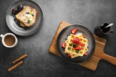 Top view breakfast waffles. High quality and resolution beautiful photo concept Stock Photos