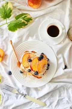 Top view Breakfast on white bed sheets, good morning, summer french toast Stock Photos