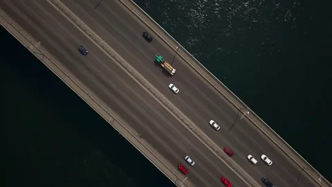 Top view bridge over the river Yenisei Krasnoyasrk Russia drone footage Stock Footage 94043030