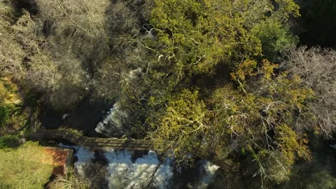 Top View Of A Bridge Over Waterfall Flowing Into The River Stock Footage 259726969