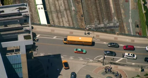 Top view of a bridge with traffic jam and train tracks in Toronto. Stock Footage 277892881