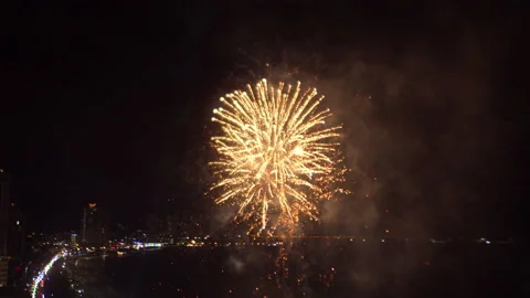 Top view bright New Year's fireworks 2023. beautiful new year's eve. glowing Stock Footage 238699103