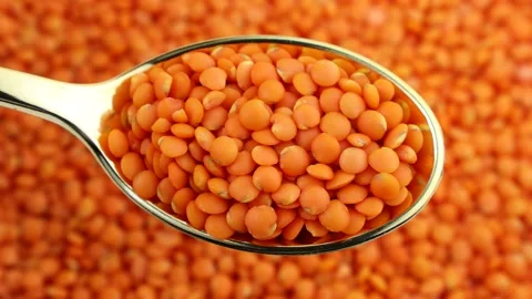 Top view of bright red lentils uncooked seeds in spoon with circle rotation Stock Footage 238405053