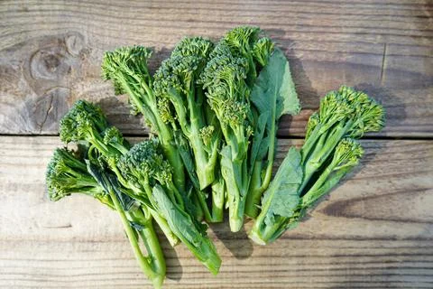 Top view of broccolini cabbage on rustic gray background Stock Photos