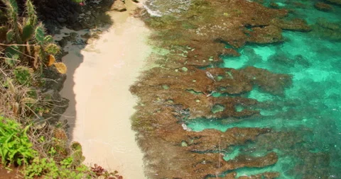 Top view of Broken beach natural pool and sandy shore on Nusa Penida Bali Stock Footage 344231021