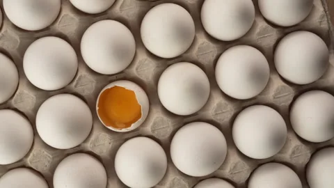 Top view of Broken chicken egg with raw yolk in eggshell inside big cardboa.. Stock Footage 340808882