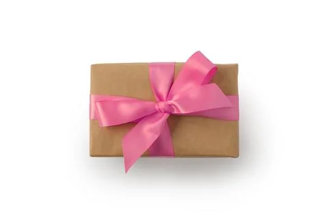 Top view of brown rectangular present box with pink ribbon isolated on white Stockfoto's