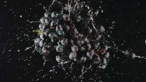 TOP VIEW: Bunch of dark grapes falls in a water, splashing - Slow motion Stock Footage 115319328