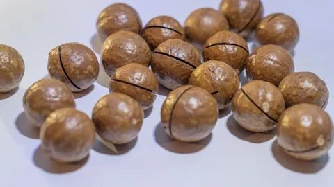 A top view of a bunch of macadamia nuts resting on a uniform background, sh.. Stock Photos