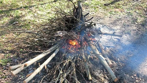 Top View of Burning Branch Pile with Crackling Audio 스톡 동영상 332636347