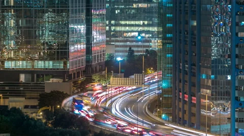 Top view of busy traffic night in finance urban timelapse, hong kong city Stock Footage