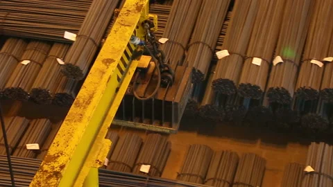 Top view from the cab of the crane for loading of metal products Stock Footage 146590002