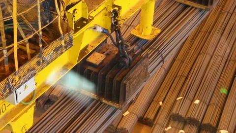 Top view from the cab of the crane at loading of steel reinforcement Stock Footage 146590317
